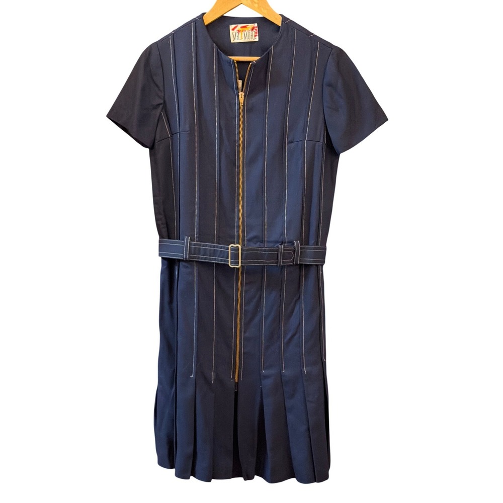 Vintage 60's 70's Mr. Mort Navy Blue Zip Front Dress Mod Retro Academic Classic